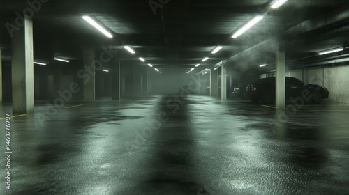 Perspective view dark smokey garage interior with spotlight and concrete floor, car background and empty stage concept. 3D Rendering, mockup