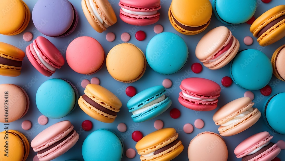 Pastel Macarons Delightful Arrangement on a Tranquil Azure Canvas Backdrop Pastel Macarons Delightful Arrangement on a Tranquil Azure Canvas Backdrop