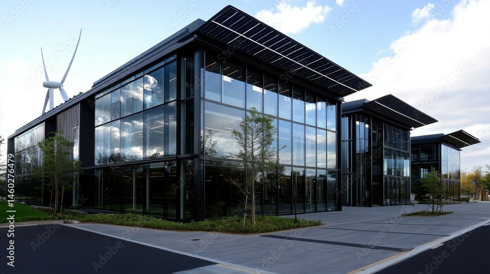 Obraz premium An eco-friendly building with solar panels and wind turbines