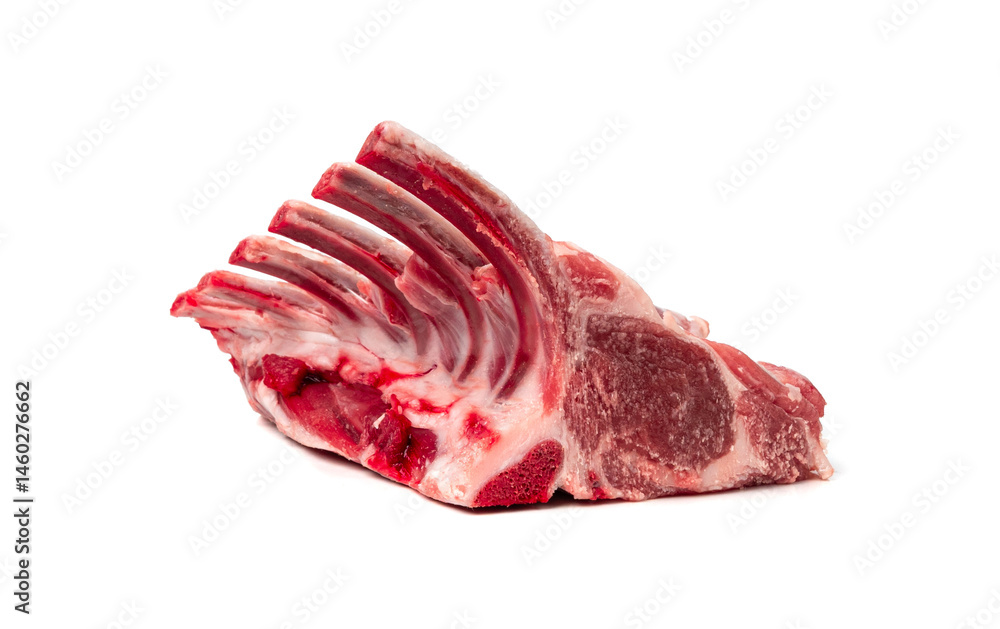 Obraz premium Raw lamb rack isolated, fresh mutton fillet with ribs, tenderloin pieces, mutton rump sirloin meat