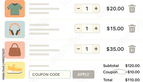 Vector illustration of shopping cart interface with product thumbnails, quantity adjusters, coupon field, and total calculation
