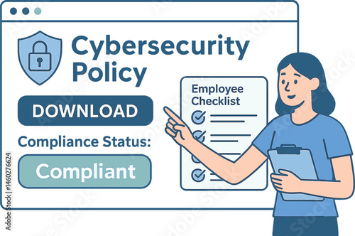 Vector illustration of company cybersecurity policy portal with download link, compliance status, and employee checklist