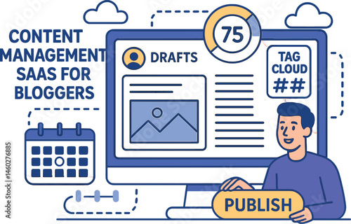 Vector illustration of content management SaaS for bloggers with post drafts, SEO score, tag cloud, and publishing schedule