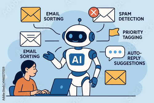 Vector illustration of AI assistant helping with email sorting, spam detection, priority tagging, and auto-reply suggestions
