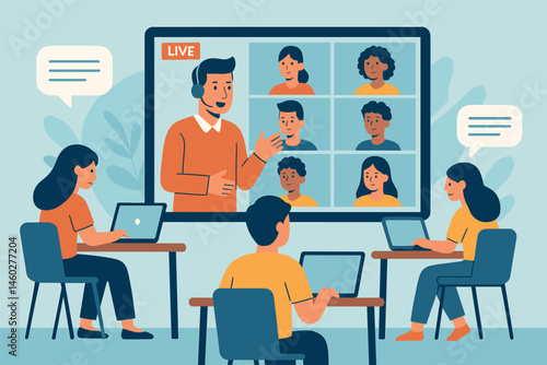 Vector illustration of virtual classroom scene with students attending live session via laptops, video conferencing grid, and chat interaction