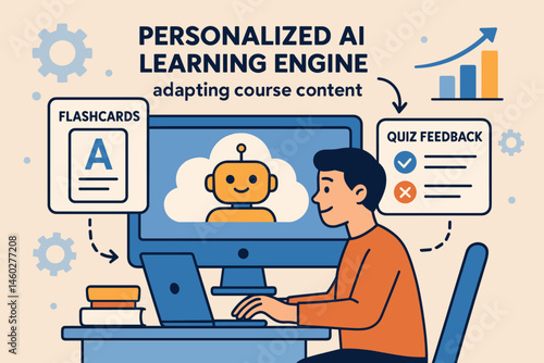 Vector illustration of personalized AI learning engine adapting course content, offering flashcards, and quiz feedback based on user progress