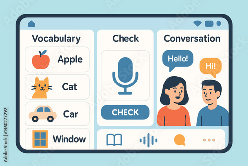 Vector illustration of language learning app interface with vocabulary cards, pronunciation checker, and conversation simulation