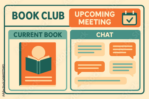Vector illustration of book club community interface with upcoming meeting banner, current book thumbnail, and chat discussion tab