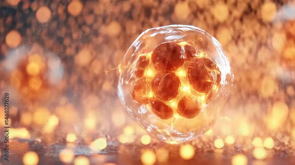 Bright spherical biological cell with translucent membrane and glowing nucleus surrounded by floating particles in warm ambient space. Concept of microscopic life and cellular energy