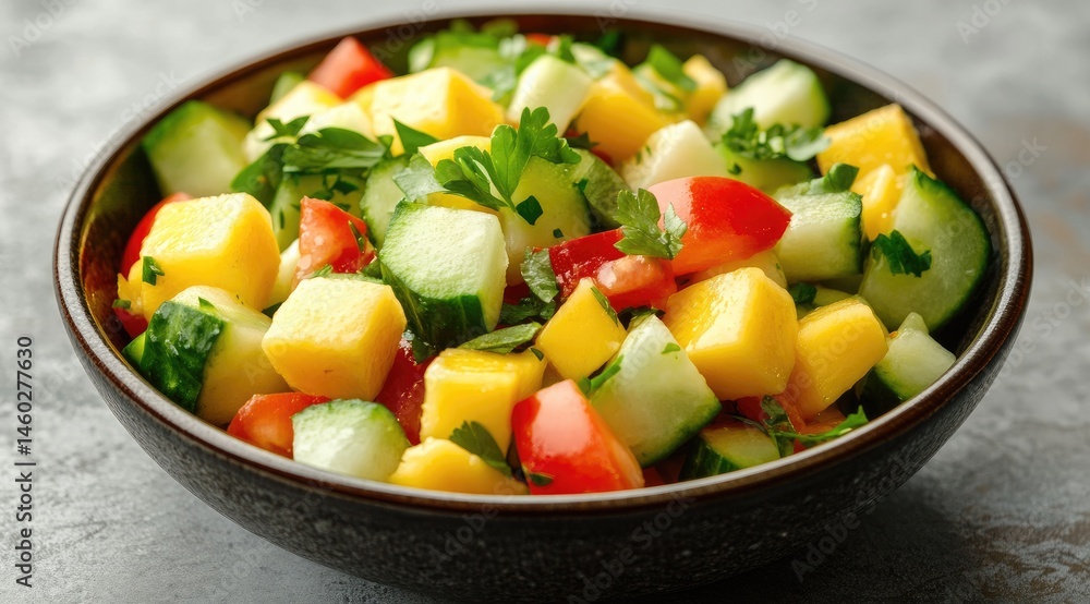 Vibrant diced mango, cucumber, and tomato salad. Fresh, healthy, and colorful mix in a bowl Vibrant diced mango, cucumber, and tomato salad. Fresh, healthy, and colorful mix in a bowl
