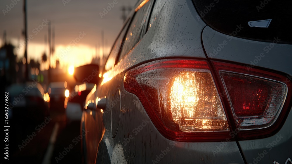 Obraz premium A dynamic side view of a car in city traffic, illuminated by the warm glow of the setting sun, with the rain-slicked streets adding a reflective quality