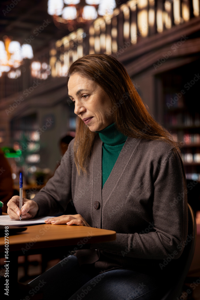 Mature college student completing class notes on printed papers, writing important information in a study room under green lamp. Female adult learner pursuing academic qualifications.