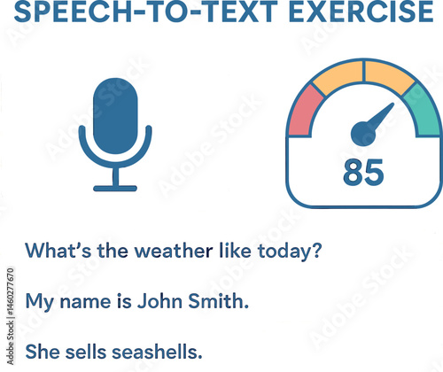 Speech-to-text exercise for pronunciation — Vector illustration of mobile mic button, score meter, and sentence suggestions
