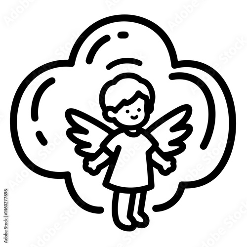 A cute cherubic angel with wings, inside a cloud, in a simple black and white vector art style.