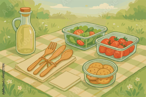 Illustration of sustainable picnic scene with cloth blanket, glass containers, reusable cutlery, and paper-free napkins