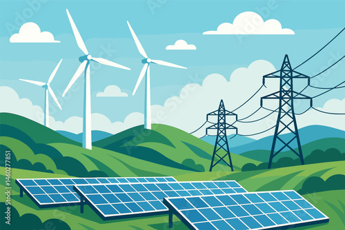 Clean energy for the future — Vector illustration of wind turbines on hills, solar farm in valley, and energy transmission lines