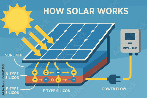 How solar works — Vector illustration of photovoltaic panel cross-section with sunlight rays, electrons, inverter, and power flow