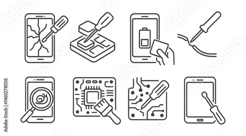 Line style icons of electronics and gadget repair: cracked screen fix, keyboard key replace, battery change, wire re-soldering, slow device check, internal chip clean, broken port repair, phone screw