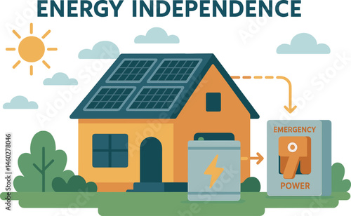Energy independence — Vector illustration of home energy system with solar panels, battery bank, and emergency power switch