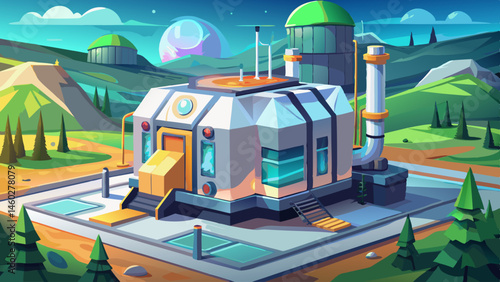A futuristic small modular reactor (SMR) installation site, clean minimalistic design, studio lighting emphasizing reactor housing, blurred green landscape
