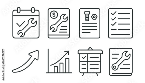 Line style icons of repair tracking and log: fix date calendar, repair cost log, parts used sheet, work done list, progress arrow icon, lifetime extension chart, maintenance plan board, tool usage