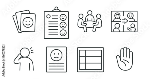 Line style icons of emotional literacy in school: emotion card deck, classroom feelings chart, group circle icon, empathy story board, self-regulation signal, name-the-feeling worksheet, color zone