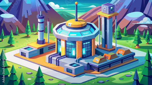 A futuristic small modular reactor (SMR) installation site, clean minimalistic design, studio lighting emphasizing reactor housing, blurred green landscape