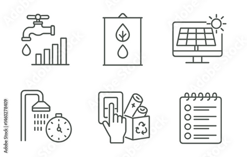 Line style icons of water and energy awareness: faucet leak tracker, energy monitor screen, water-saving poster, solar panel display, shower timer icon, switch-off habit card, battery collection box,