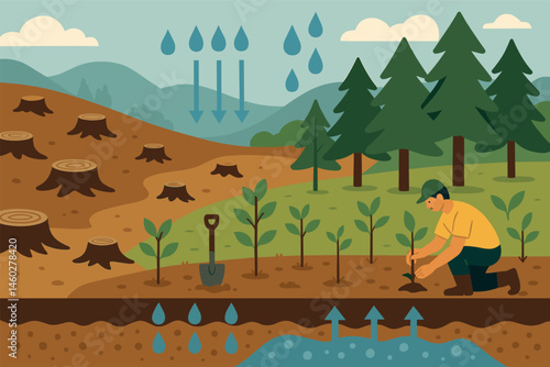 Restoring balance — Vector illustration of a deforested area being replanted, with visible soil recovery and water retention improvement