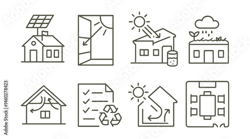 Line style icons of sustainable school design education: solar school model, daylight diagram, rain collection system, green roof model, natural ventilation sketch, recycled material list, passive