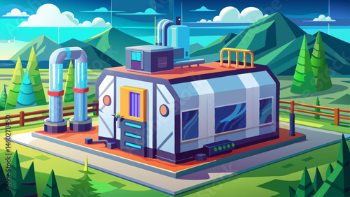 A futuristic small modular reactor (SMR) installation site, clean minimalistic design, studio lighting emphasizing reactor housing, blurred green landscape
