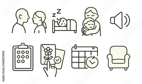 Line style icons of gentle parenting routines: eye-level conversation, consistent bedtime, warm hug icon, calm voice symbol, daily check-in board, child-led choice card, routine calendar, quiet
