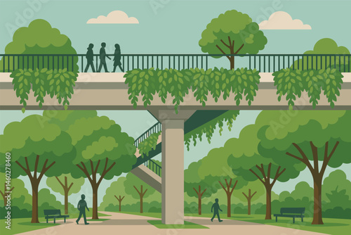 Greening infrastructure — Vector illustration of pedestrian overpass with tree rows, vertical greenery, and shaded zones