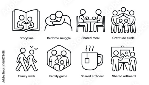 Line style icons of daily connection rituals: storytime book, bedtime snuggle icon, shared meal table, gratitude circle, outdoor walk pair, family game badge, afternoon tea mug, shared artboard.