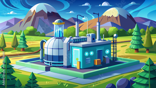 A futuristic small modular reactor (SMR) installation site, clean minimalistic design, studio lighting emphasizing reactor housing, blurred green landscape