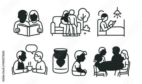 Line style icons of everyday bonding rituals: shared book icon, cuddles on couch, nature walk together, bedtime story light, breakfast chat board, daily gratitude jar, playtime with eye contact, slow