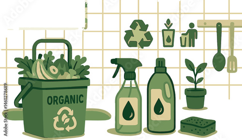 Green habits at home — Vector illustration of kitchen with organic waste caddy, cleaning product refills, and sorting symbols
