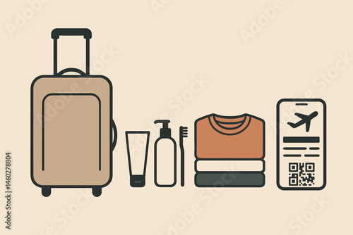 Vector illustration of minimalist travel kit: compact suitcase, basic toiletries, one outfit stack, and digital boarding pass
