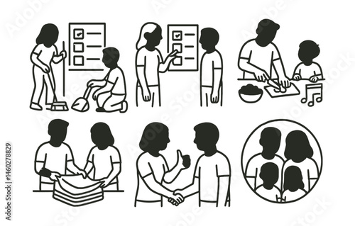 Line style icons of shared responsibility in family: clean-up together chart, task choice list, meal prep with parent, fold laundry team icon, chore with music board, gratitude for help symbol,
