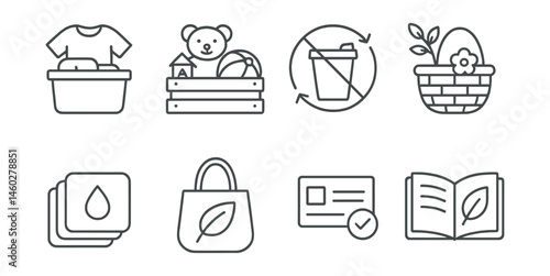 Line style icons of sustainable parenting practices: hand-me-downs bin, toy share club, no-disposable sign, nature play basket, cloth wipes icon, zero-waste outing bag, secondhand library card, eco