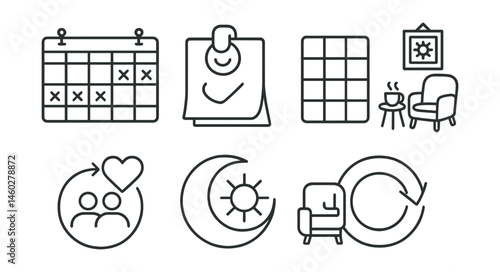 Line style icons of cooperative family rhythm: shared week board, mood check-in magnet, slow weekend corner, color block calendar, change is okay sign, circle of connection icon, no-rush morning