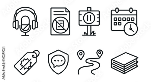 Line style icons of slow digital consumption: one podcast rule, read not skim sign, pause before post board, schedule view hours icon, no clickbait tag, thoughtful comment badge, meaningful use path,