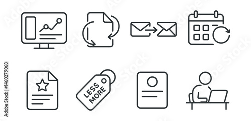 Line style icons of simplified digital workflow: single tool dashboard, smart file flow, batch reply symbol, weekly sync calendar, template icon, less is more tag, one-source rule card, focused work