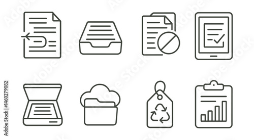 Line style icons of paper-saving school practices: double-sided printing icon, reuse paper tray, no unnecessary print badge, digital homework symbol, scan instead of copy, cloud assignment folder,