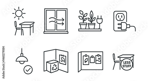 Line style icons of eco classroom layout: sunlight desk position, window airflow sign, shared plant zone, unplug station icon, indoor light check guide, reuse zone corner, green posters wall, “less