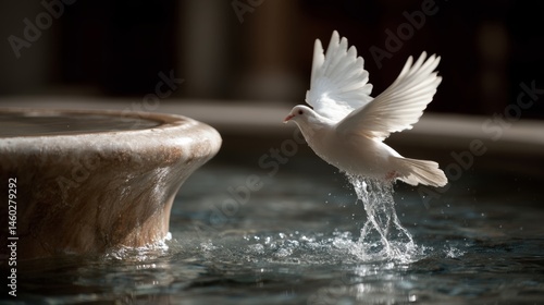White dove gracefully taking flight from water fountain during peaceful symbolic baptism moment