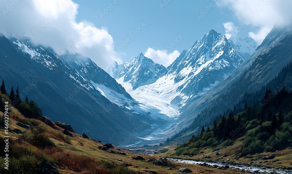 Majestic snowcapped peaks over valley Majestic snowcapped peaks over valley