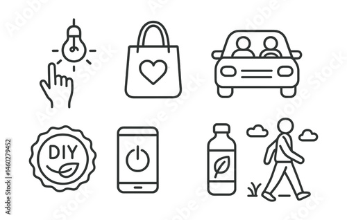 Line style icons of everyday climate action for teens: switch-off lights habit, thrift shopping bag, zero-waste lunchbox, shared ride icon, DIY upcycle badge, device energy saver, water refill bottle