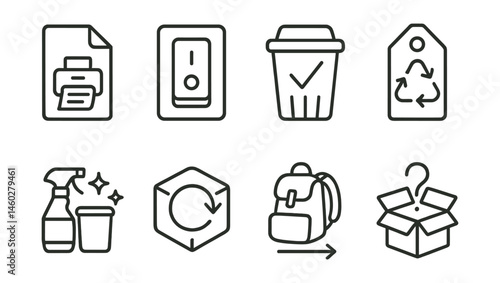 Line style icons of resource-saving reminders: “before you print” poster, “switch off” sign, “check waste bin” guide, “rethink this” tag, “clean and return” label, “reuse here” symbol, “pack it out”