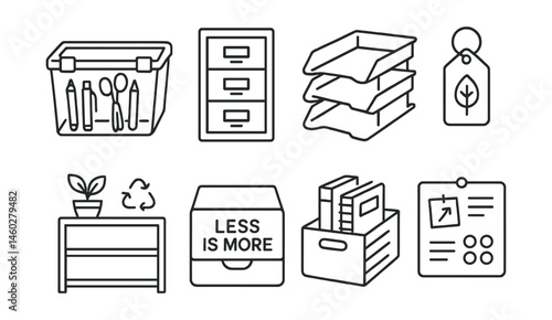 Line style icons of sustainable school storage: transparent supply box, labeled cabinet system, stackable trays, locker organization tag, keep + reuse shelf, less is more drawer, group-use box, share